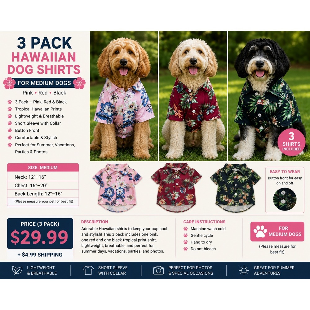 3 Pack Hawaiian Dog Shirts Size Medium